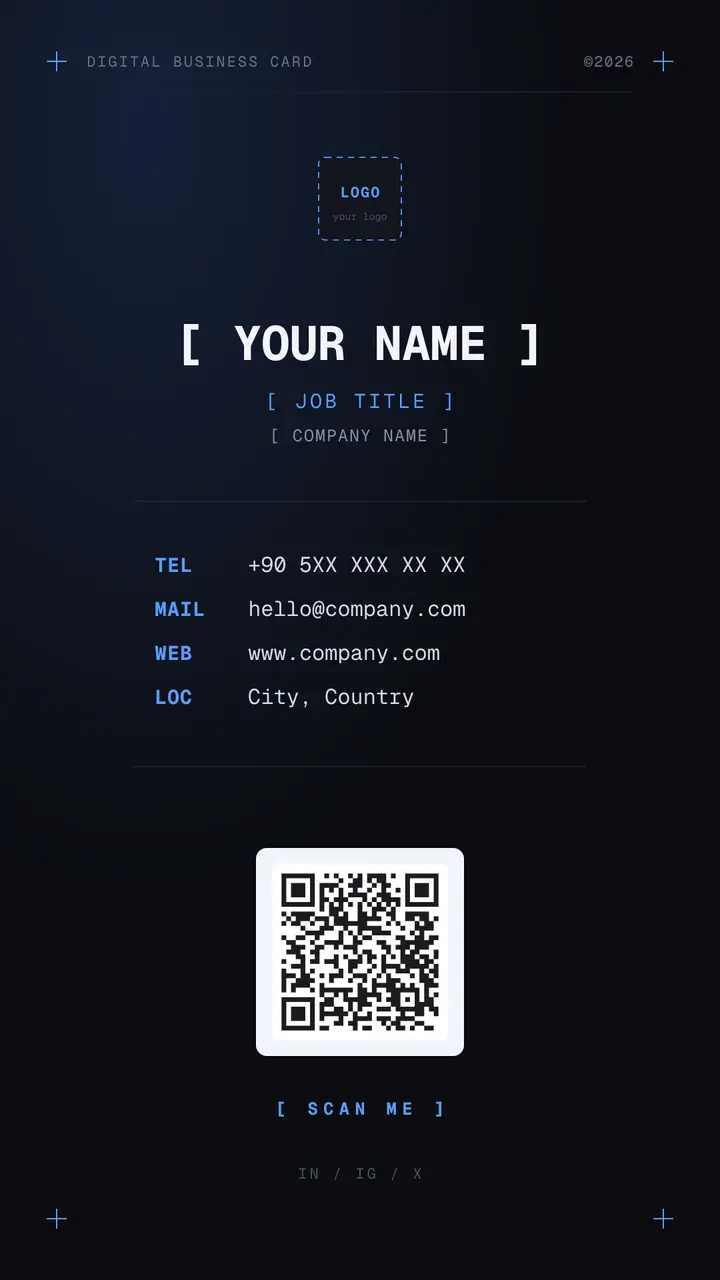 Digital Business Cards — Tech (mono + blue)